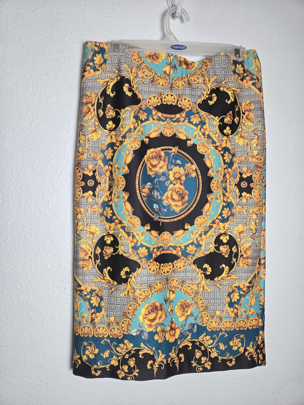 Floral Baroque Print Pencil Skirt in Teal and Gold ECI